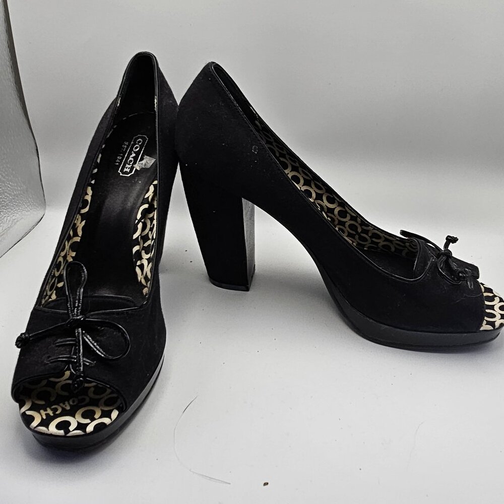 Coach Black Bow Peep-Toe Wedge Sandals – Size 7.5